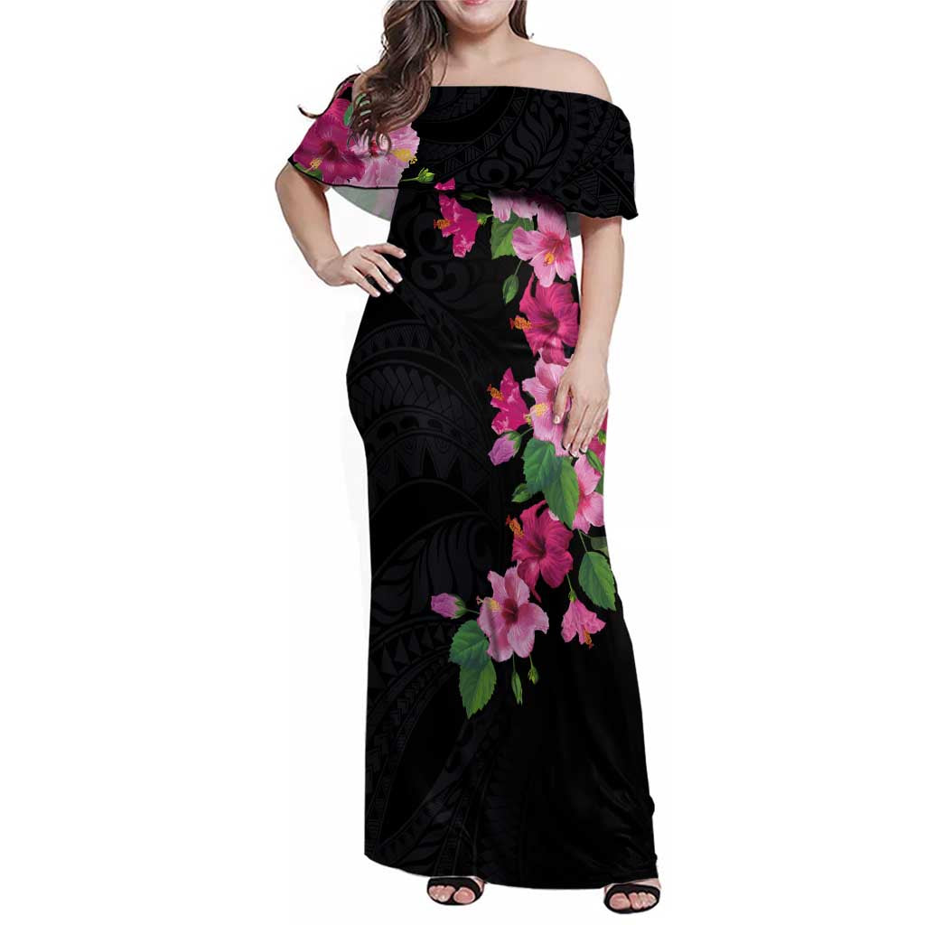 Hawaiian Hibiscus and Art Polynesian Tattoo Family Matching Off Shoulder Maxi Dress and Hawaiian Shirt Black Color LT03 Mom's Dress Black - Polynesian Pride