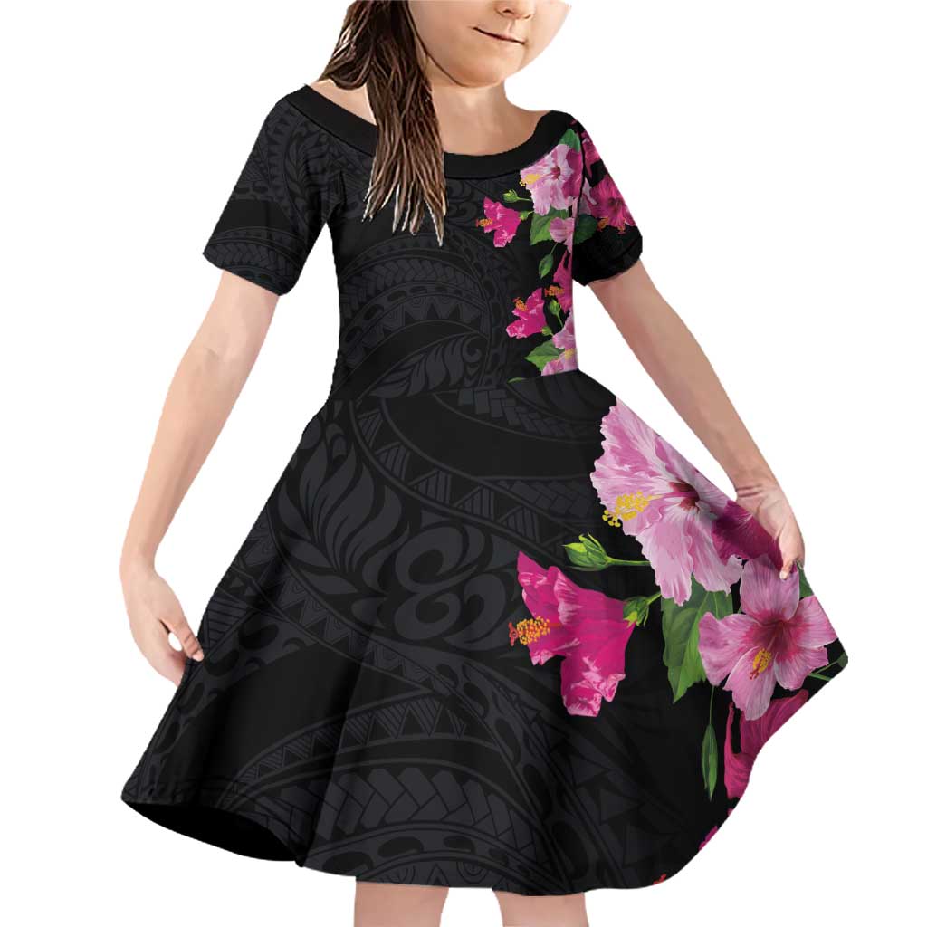 Hawaiian Hibiscus and Art Polynesian Tattoo Family Matching Off Shoulder Short Dress and Hawaiian Shirt Black Color LT03 Daughter's Dress Black - Polynesian Pride