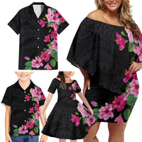 Hawaiian Hibiscus and Art Polynesian Tattoo Family Matching Off Shoulder Short Dress and Hawaiian Shirt Black Color LT03 - Polynesian Pride