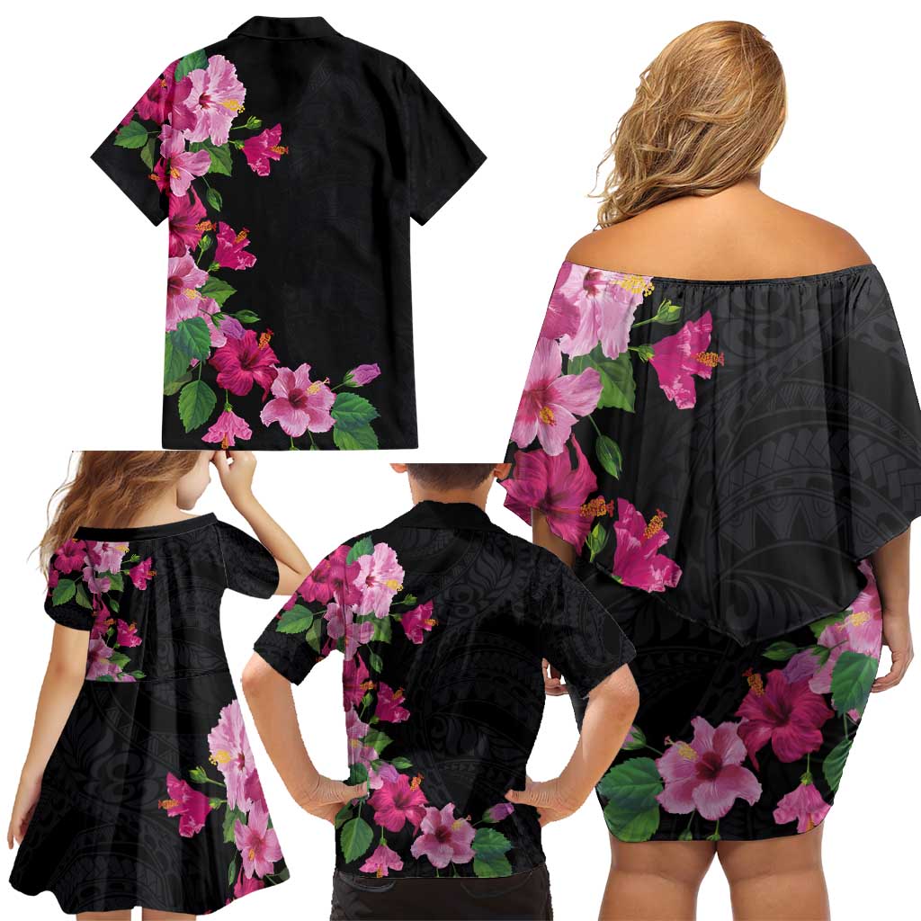 Hawaiian Hibiscus and Art Polynesian Tattoo Family Matching Off Shoulder Short Dress and Hawaiian Shirt Black Color LT03 - Polynesian Pride