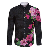 Hawaiian Hibiscus and Art Polynesian Tattoo Family Matching Off Shoulder Short Dress and Hawaiian Shirt Black Color LT03 Dad's Shirt - Long Sleeve Black - Polynesian Pride