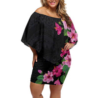 Hawaiian Hibiscus and Art Polynesian Tattoo Family Matching Off Shoulder Short Dress and Hawaiian Shirt Black Color LT03 Mom's Dress Black - Polynesian Pride