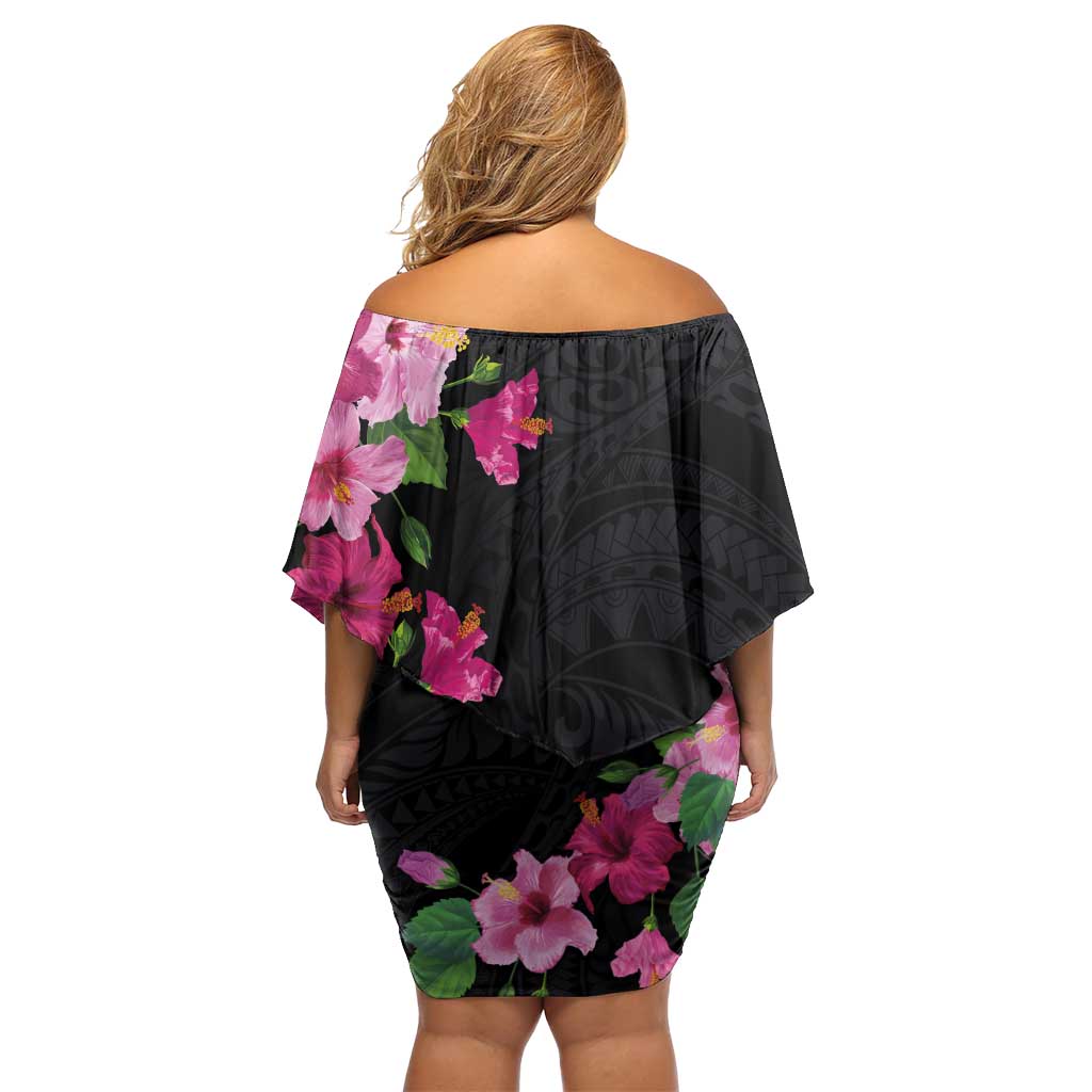 Hawaiian Hibiscus and Art Polynesian Tattoo Family Matching Off Shoulder Short Dress and Hawaiian Shirt Black Color LT03 - Polynesian Pride