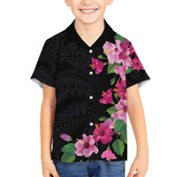 Hawaiian Hibiscus and Art Polynesian Tattoo Family Matching Off Shoulder Short Dress and Hawaiian Shirt Black Color LT03 Son's Shirt Black - Polynesian Pride