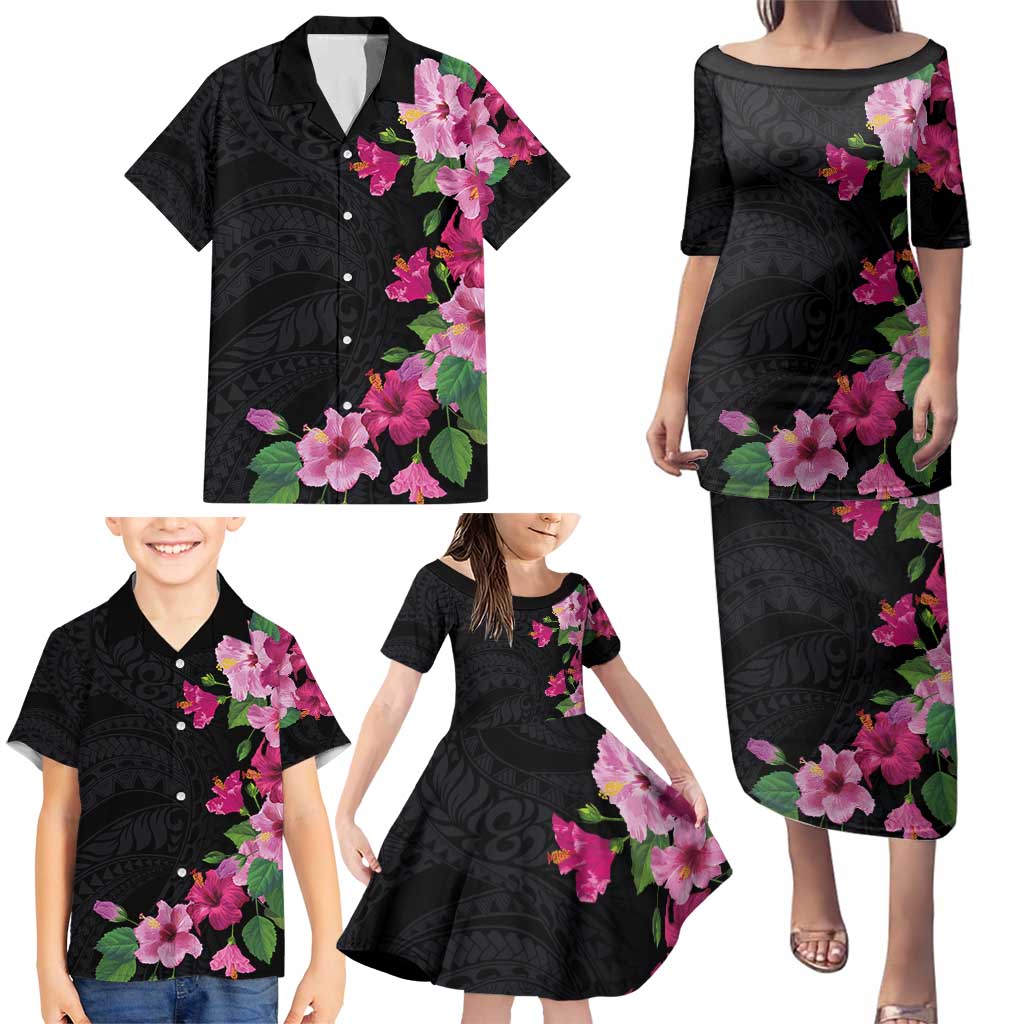 Hawaiian Hibiscus and Art Polynesian Tattoo Family Matching Puletasi and Hawaiian Shirt Black Color