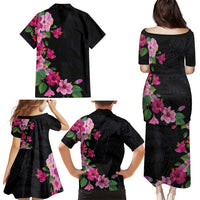 Hawaiian Hibiscus and Art Polynesian Tattoo Family Matching Puletasi and Hawaiian Shirt Black Color