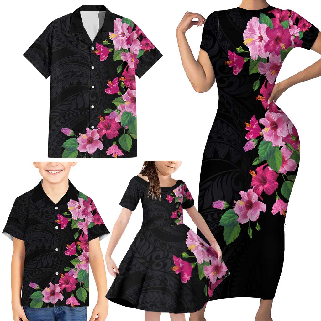 Hawaiian Hibiscus and Art Polynesian Tattoo Family Matching Short Sleeve Bodycon Dress and Hawaiian Shirt Black Color LT03 - Polynesian Pride