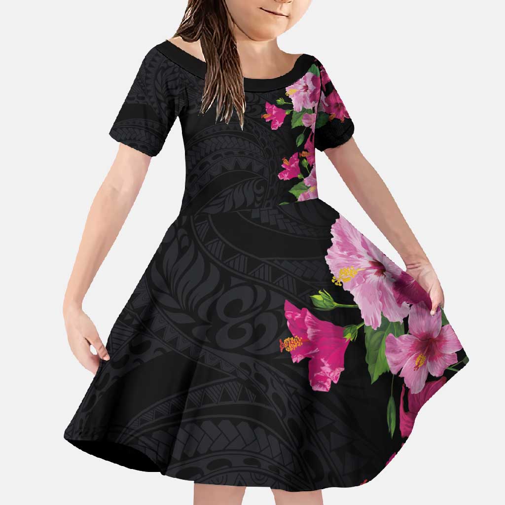 Hawaiian Hibiscus and Art Polynesian Tattoo Family Matching Summer Maxi Dress and Hawaiian Shirt Black Color LT03 Daughter's Dress Black - Polynesian Pride