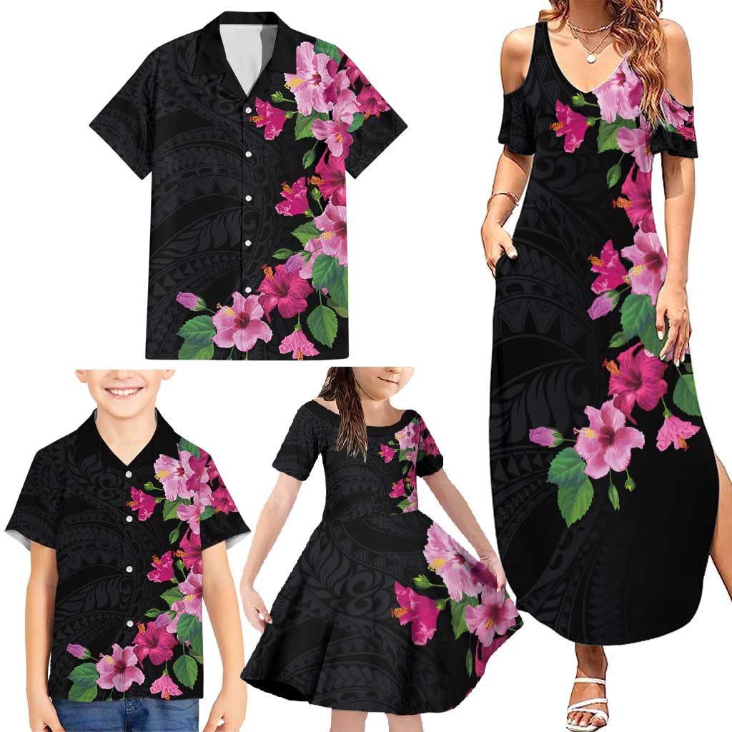 Hawaiian Hibiscus and Art Polynesian Tattoo Family Matching Summer Maxi Dress and Hawaiian Shirt Black Color LT03 - Polynesian Pride