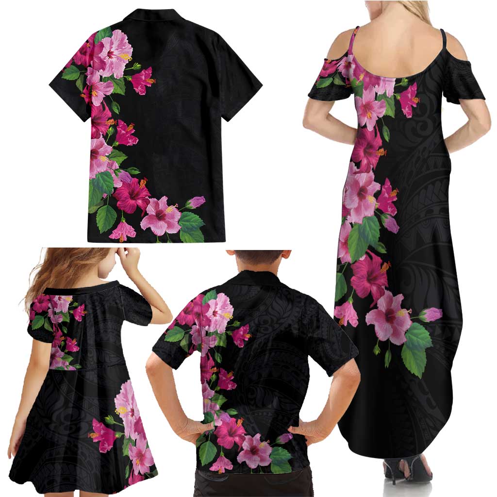 Hawaiian Hibiscus and Art Polynesian Tattoo Family Matching Summer Maxi Dress and Hawaiian Shirt Black Color LT03 - Polynesian Pride