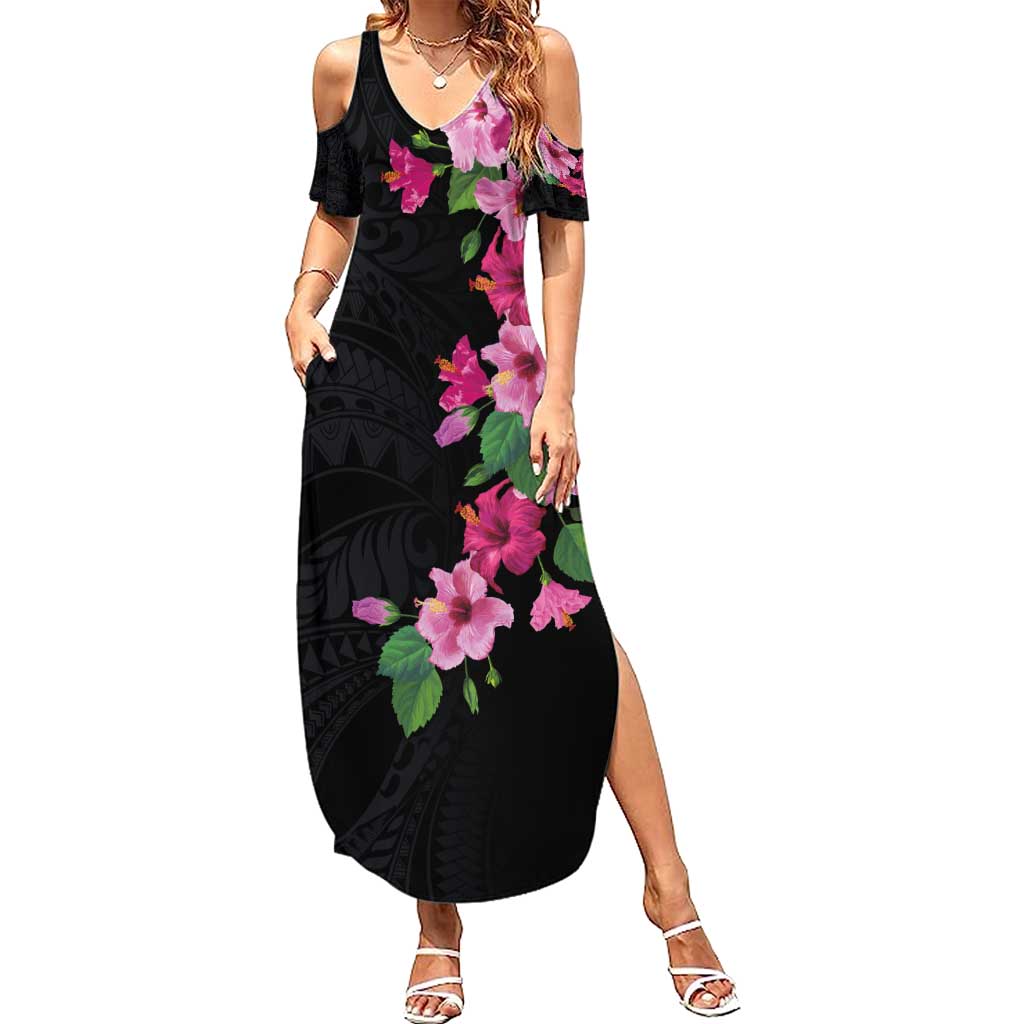 Hawaiian Hibiscus and Art Polynesian Tattoo Family Matching Summer Maxi Dress and Hawaiian Shirt Black Color LT03 Mom's Dress Black - Polynesian Pride