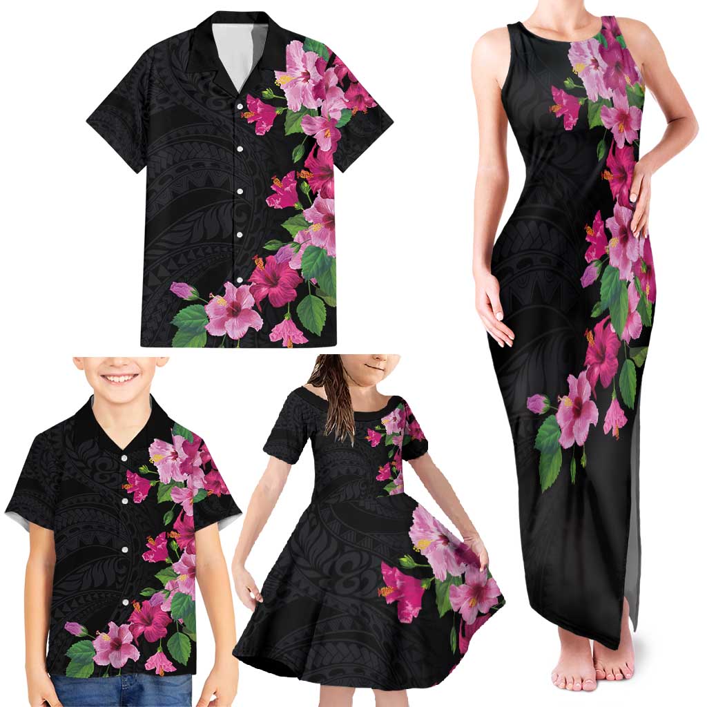 Hawaiian Hibiscus and Art Polynesian Tattoo Family Matching Tank Maxi Dress and Hawaiian Shirt Black Color LT03 - Polynesian Pride