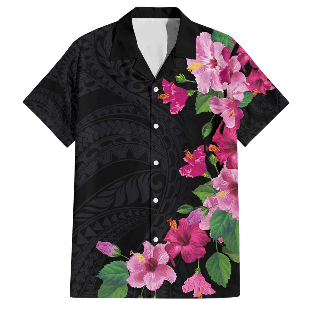 Hawaiian Hibiscus and Art Polynesian Tattoo Family Matching Tank Maxi Dress and Hawaiian Shirt Black Color LT03 Dad's Shirt - Short Sleeve Black - Polynesian Pride