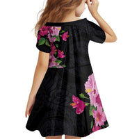 Hawaiian Hibiscus and Art Polynesian Tattoo Kid Short Sleeve Dress Black Color