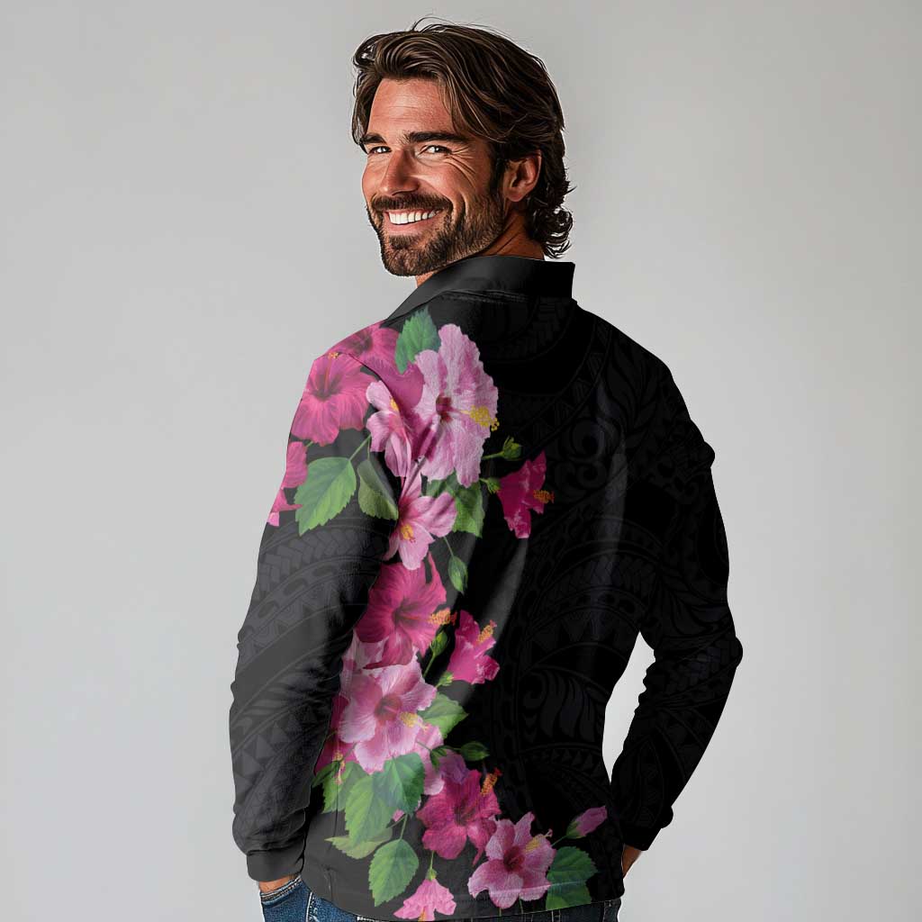 Hawaiian Hibiscus and Art Polynesian Tattoo Long Sleeve Polo Shirt Black Color