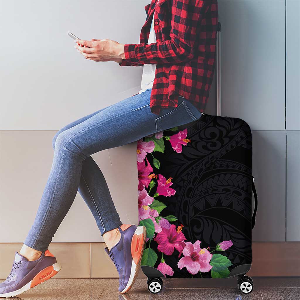 Hawaiian Hibiscus and Art Polynesian Tattoo Luggage Cover Black Color