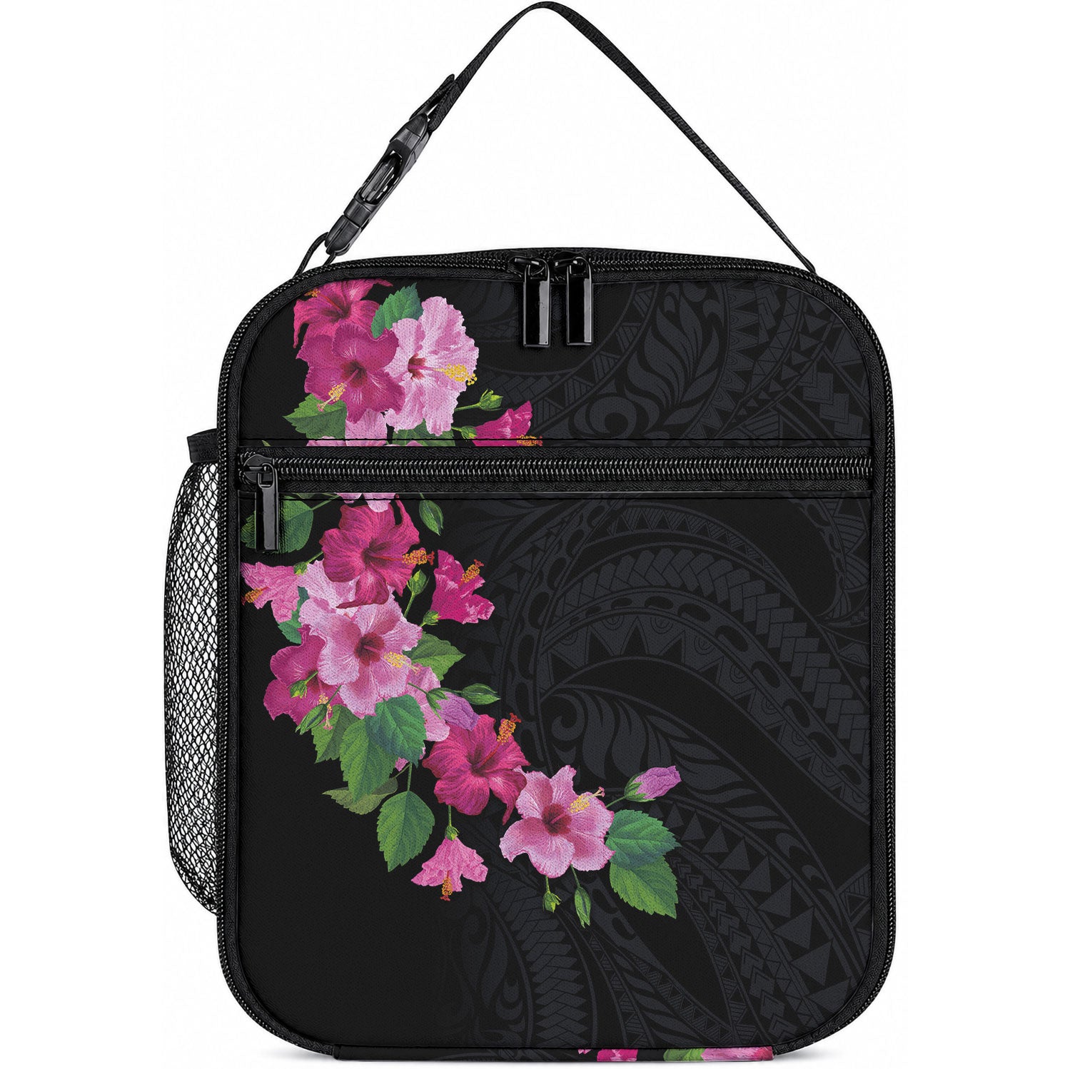 Hawaiian Hibiscus and Art Polynesian Tattoo Lunch Bag LT03 10.2 × 8.3 × 4.3 inch Black - Polynesian Pride