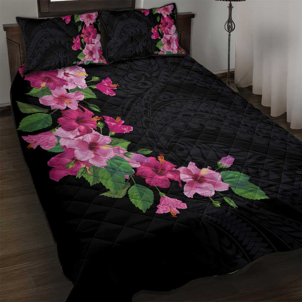 Hawaiian Hibiscus and Art Polynesian Tattoo Quilt Bed Set Black Color LT03 Black - Polynesian Pride