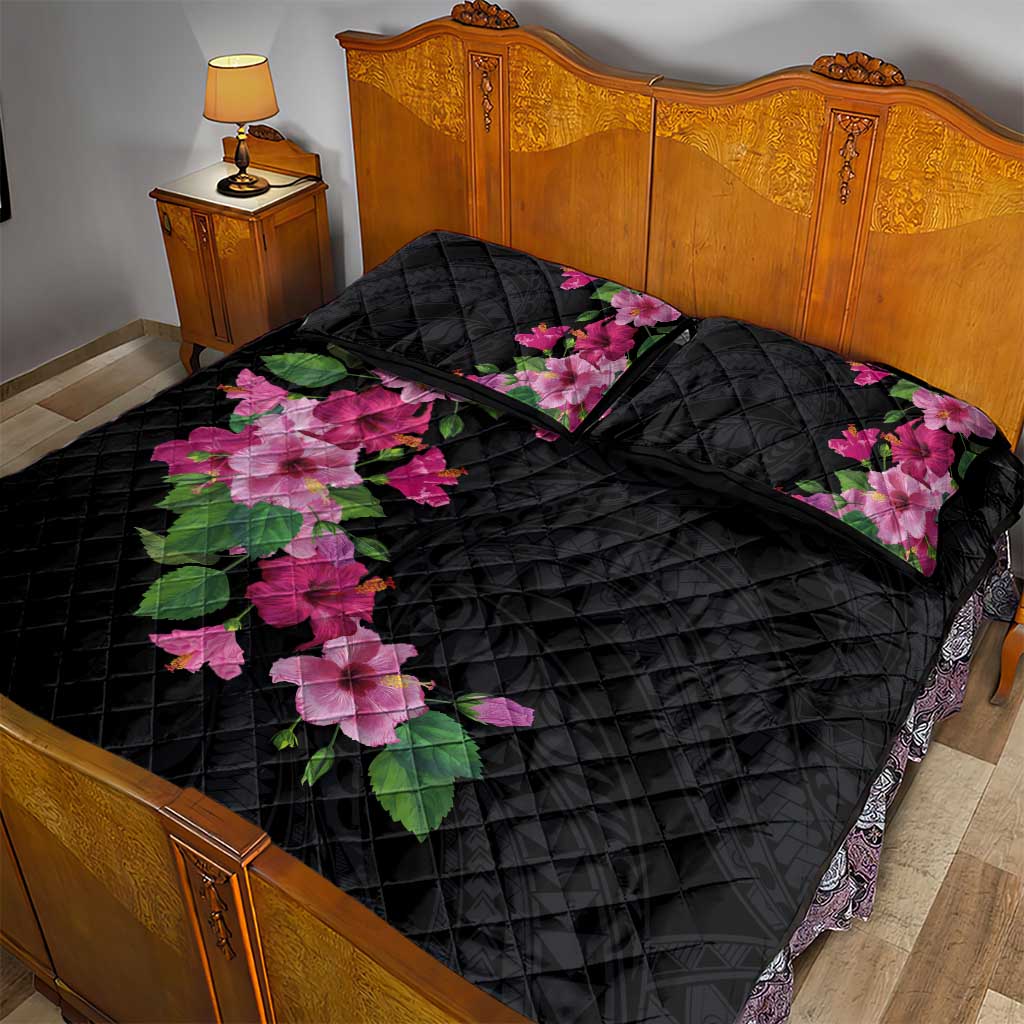 Hawaiian Hibiscus and Art Polynesian Tattoo Quilt Bed Set Black Color LT03 - Polynesian Pride
