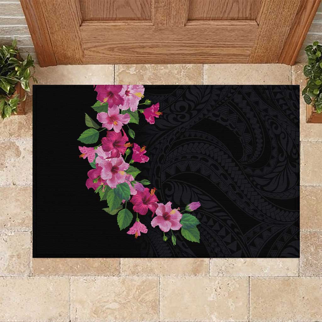 Hawaiian Hibiscus and Art Polynesian Tattoo Rubber Doormat Black Color