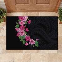 Hawaiian Hibiscus and Art Polynesian Tattoo Rubber Doormat Black Color