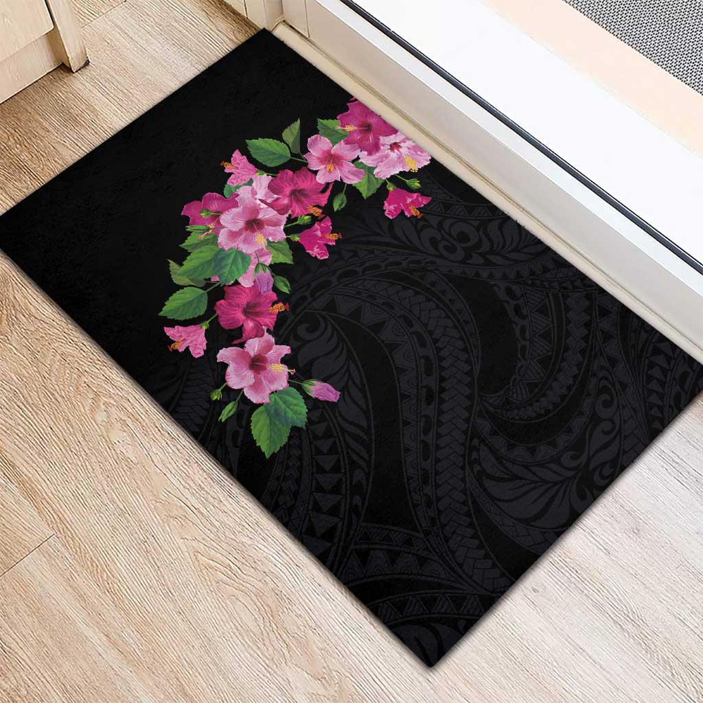 Hawaiian Hibiscus and Art Polynesian Tattoo Rubber Doormat Black Color