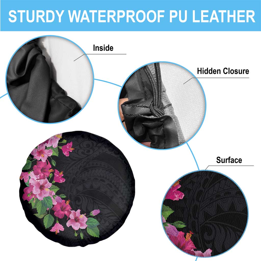 Hawaiian Hibiscus and Art Polynesian Tattoo Spare Tire Cover Black Color