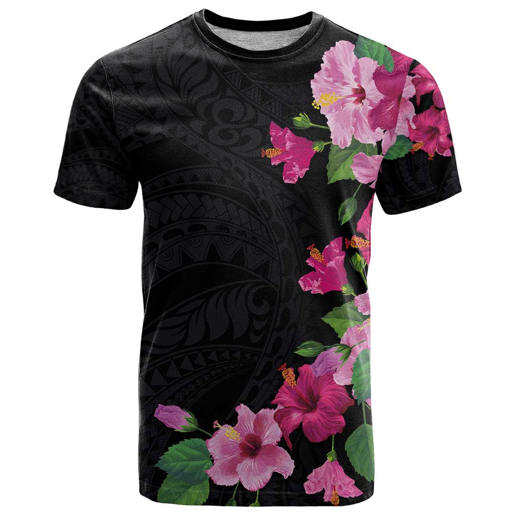 Hawaiian Hibiscus and Art Polynesian Tattoo T Shirt Black Color