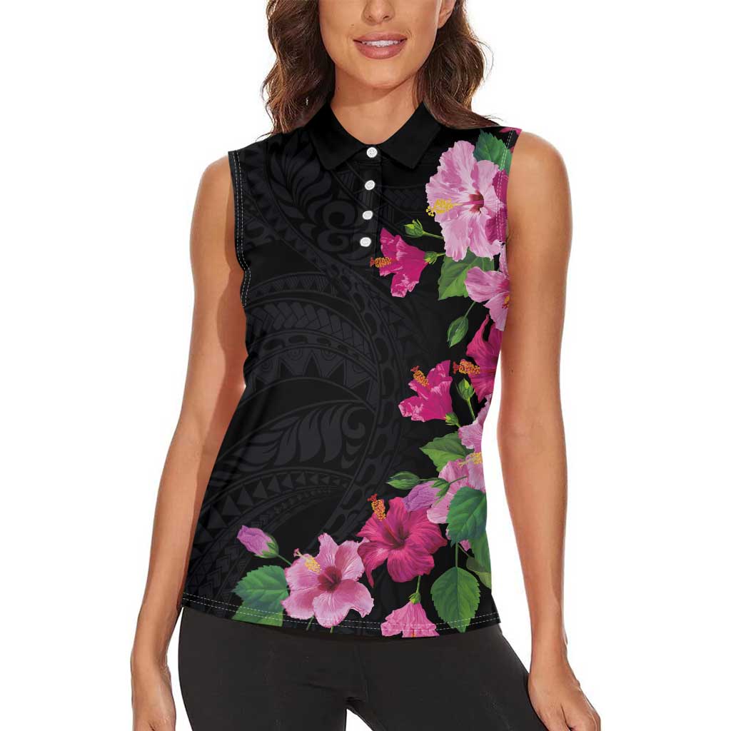 Hawaiian Hibiscus and Art Polynesian Tattoo Women Sleeveless Polo Shirt Black Color