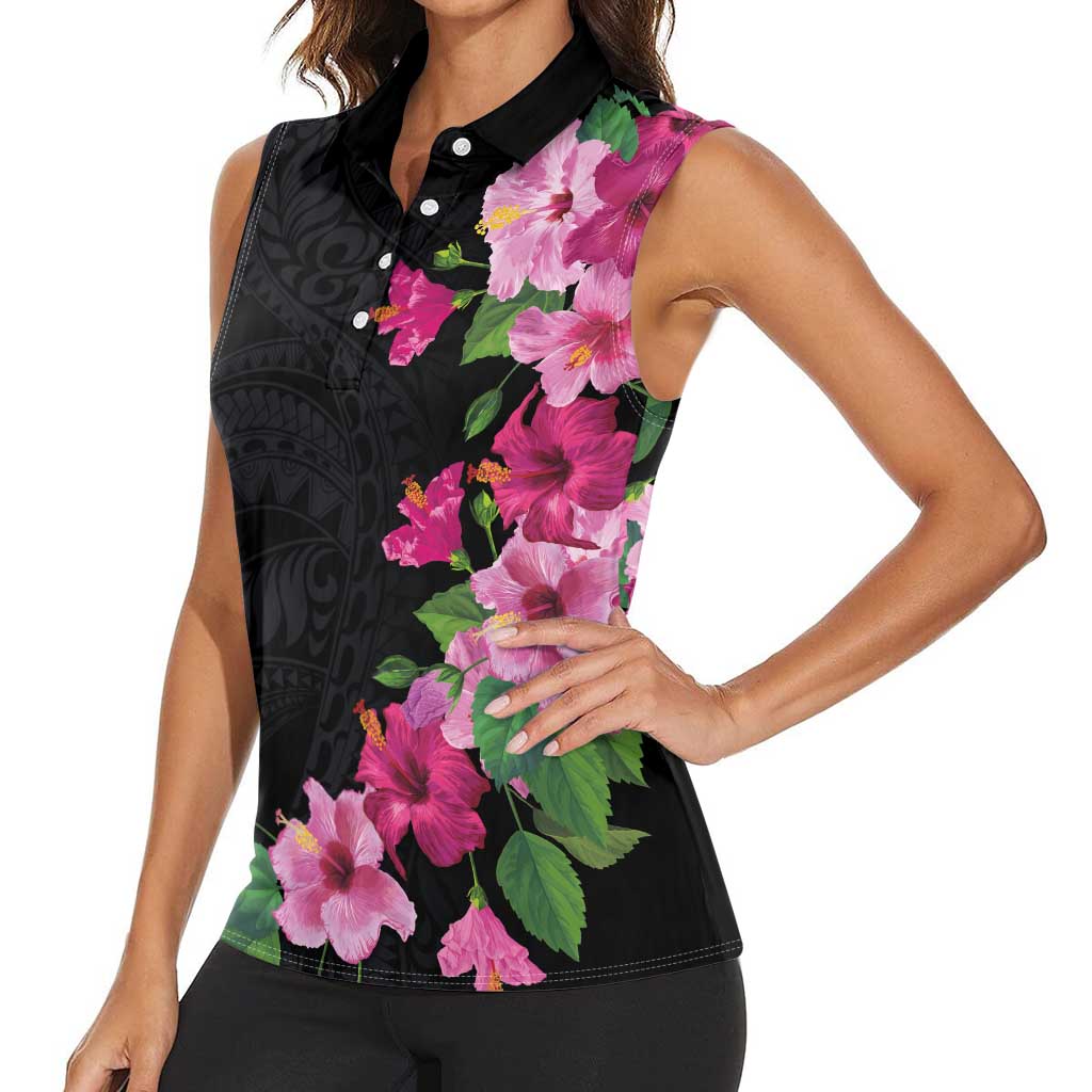 Hawaiian Hibiscus and Art Polynesian Tattoo Women Sleeveless Polo Shirt Black Color