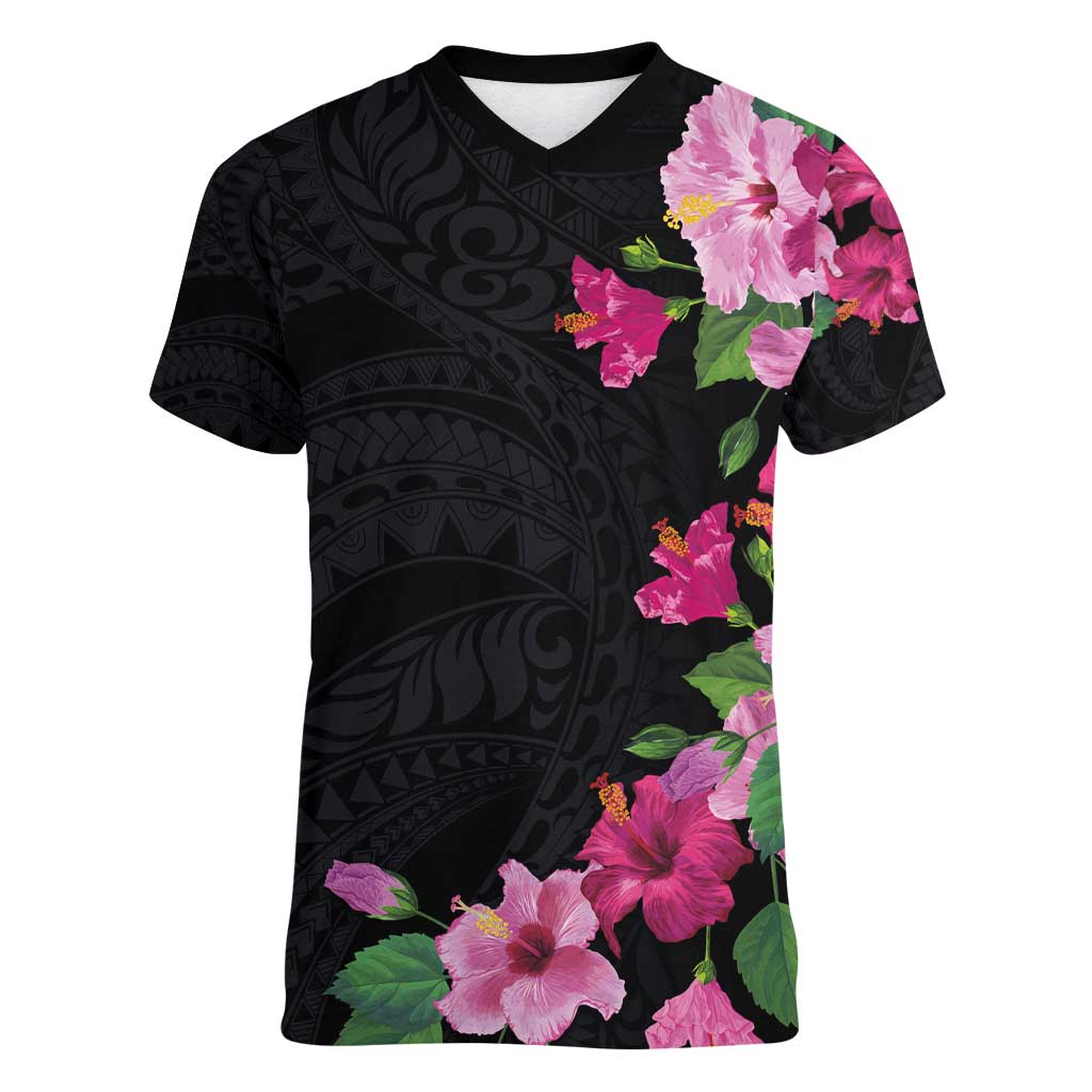 Hawaiian Hibiscus and Art Polynesian Tattoo Women V-Neck T-Shirt Black Color