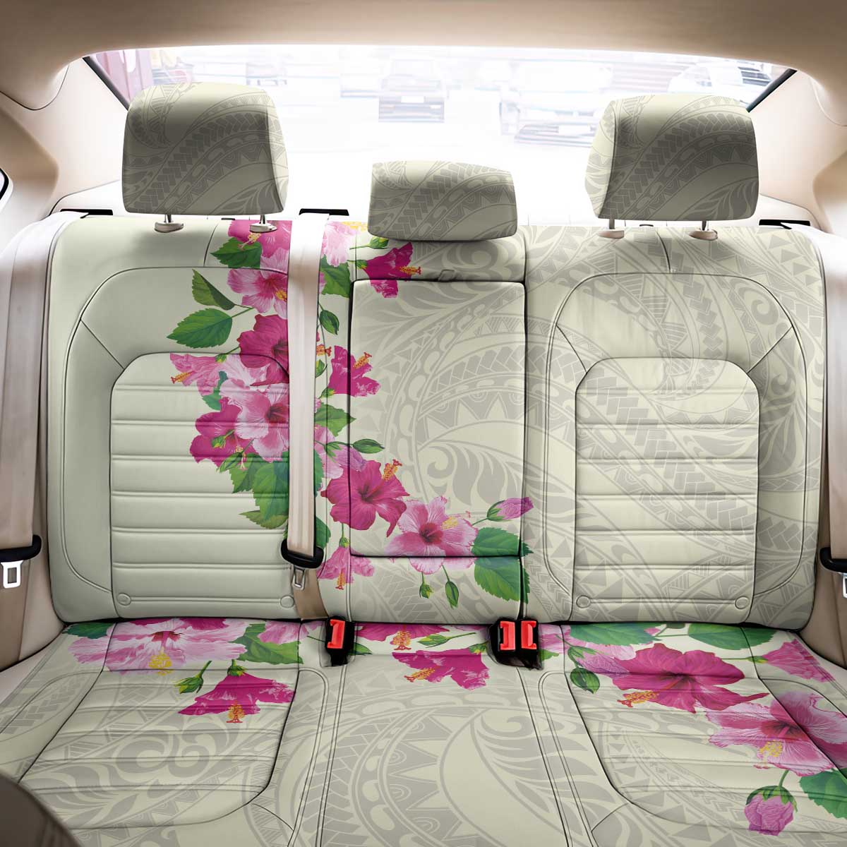 Hawaiian Hibiscus and Art Polynesian Tattoo Back Car Seat Cover Beige Color