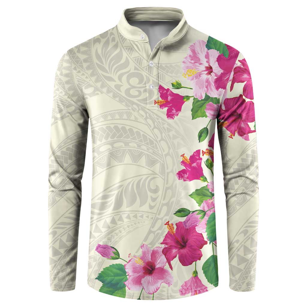 Hawaiian Hibiscus and Art Polynesian Tattoo Button Sweatshirt Beige Color