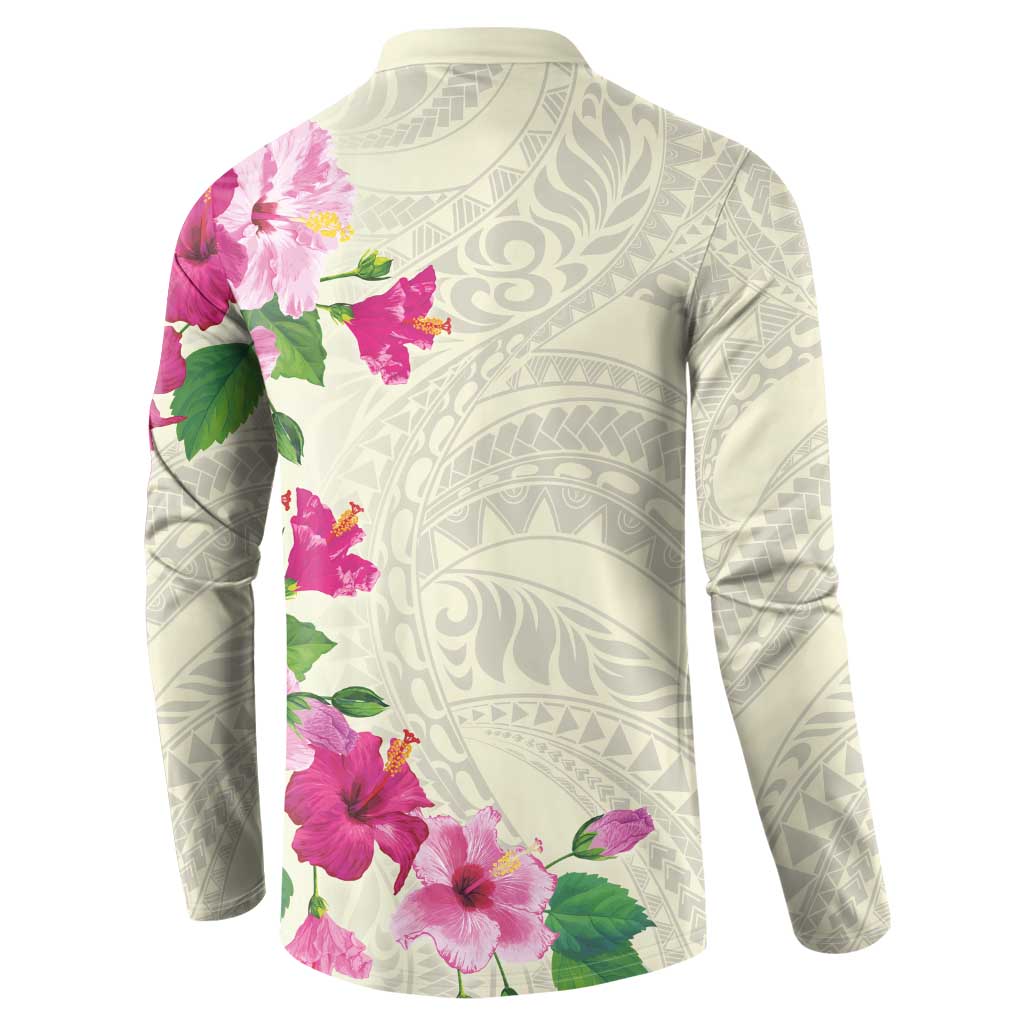 Hawaiian Hibiscus and Art Polynesian Tattoo Button Sweatshirt Beige Color