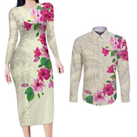 Hawaiian Hibiscus and Art Polynesian Tattoo Couples Matching Long Sleeve Bodycon Dress and Long Sleeve Button Shirt Beige Color LT03 Beige - Polynesian Pride