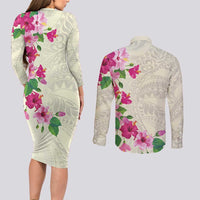 Hawaiian Hibiscus and Art Polynesian Tattoo Couples Matching Long Sleeve Bodycon Dress and Long Sleeve Button Shirt Beige Color LT03 - Polynesian Pride