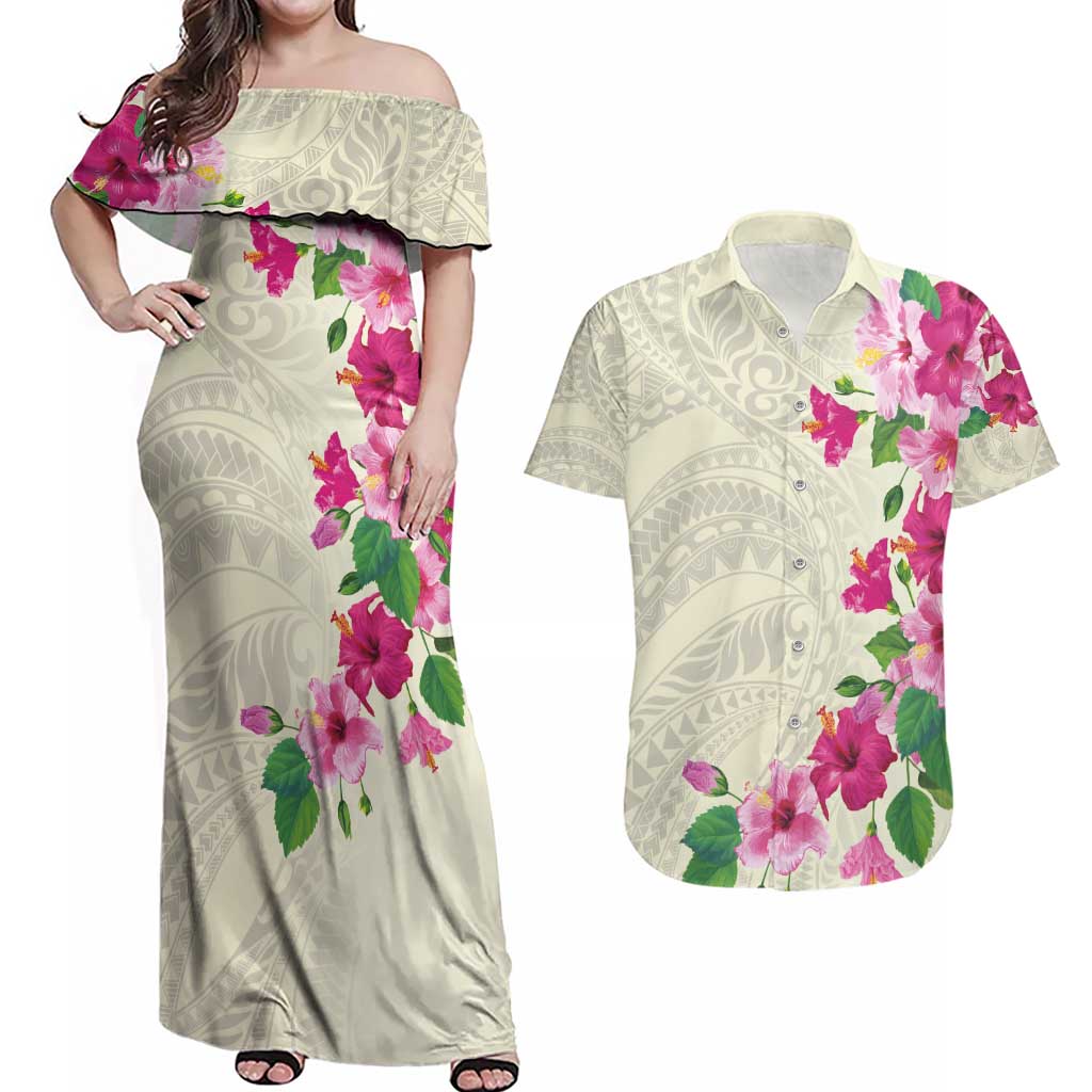 Hawaiian Hibiscus and Art Polynesian Tattoo Couples Matching Off Shoulder Maxi Dress and Hawaiian Shirt Beige Color LT03 Beige - Polynesian Pride