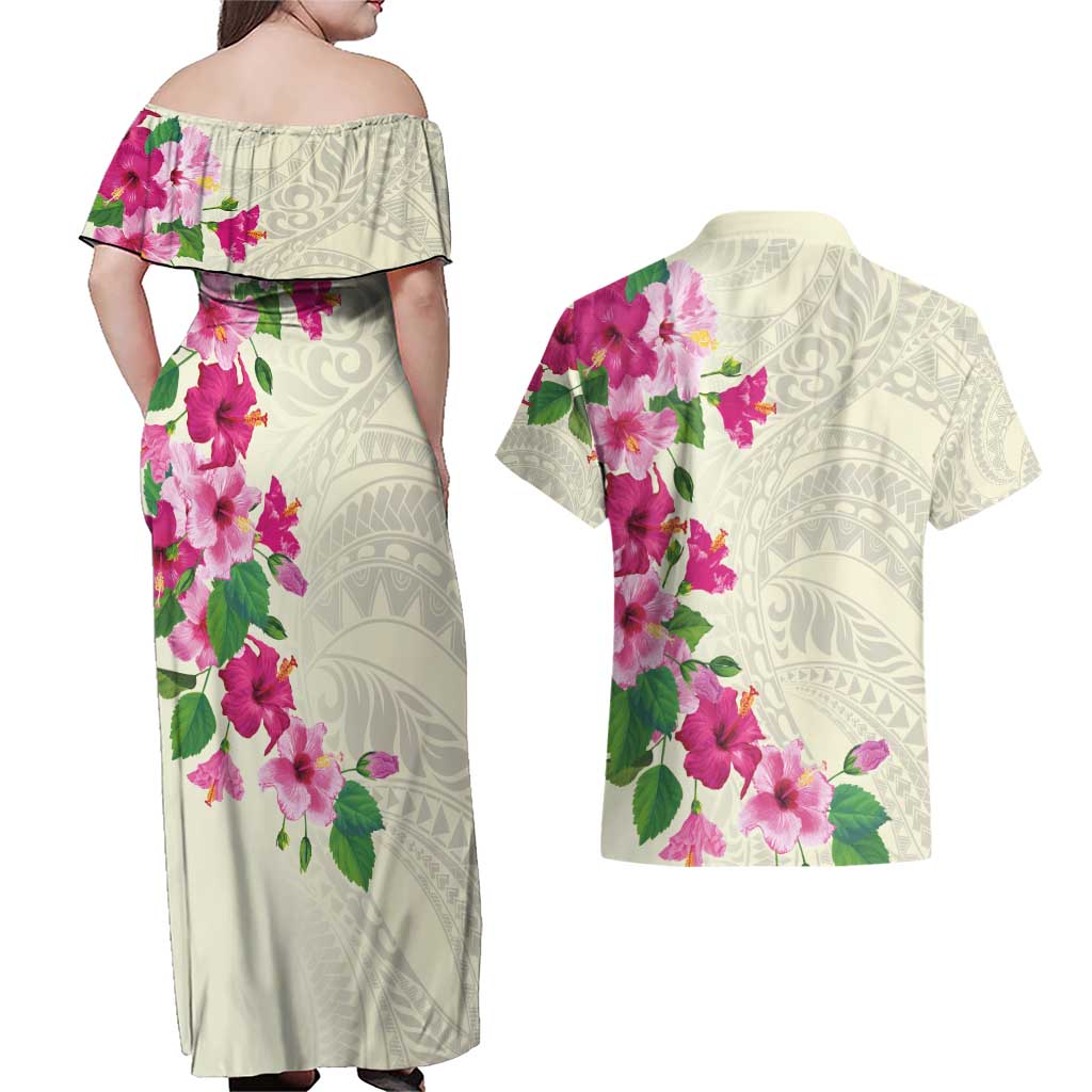 Hawaiian Hibiscus and Art Polynesian Tattoo Couples Matching Off Shoulder Maxi Dress and Hawaiian Shirt Beige Color LT03 - Polynesian Pride