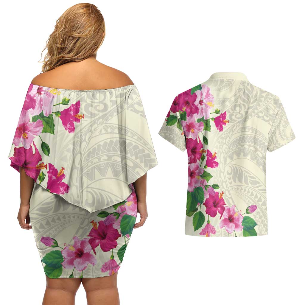 Hawaiian Hibiscus and Art Polynesian Tattoo Couples Matching Off Shoulder Short Dress and Hawaiian Shirt Beige Color LT03 - Polynesian Pride