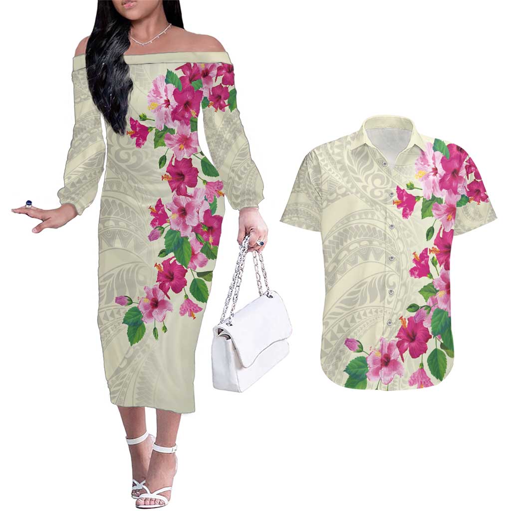 Hawaiian Hibiscus and Art Polynesian Tattoo Couples Matching Off The Shoulder Long Sleeve Dress and Hawaiian Shirt Beige Color LT03 Beige - Polynesian Pride