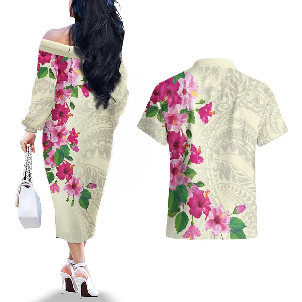 Hawaiian Hibiscus and Art Polynesian Tattoo Couples Matching Off The Shoulder Long Sleeve Dress and Hawaiian Shirt Beige Color LT03 - Polynesian Pride