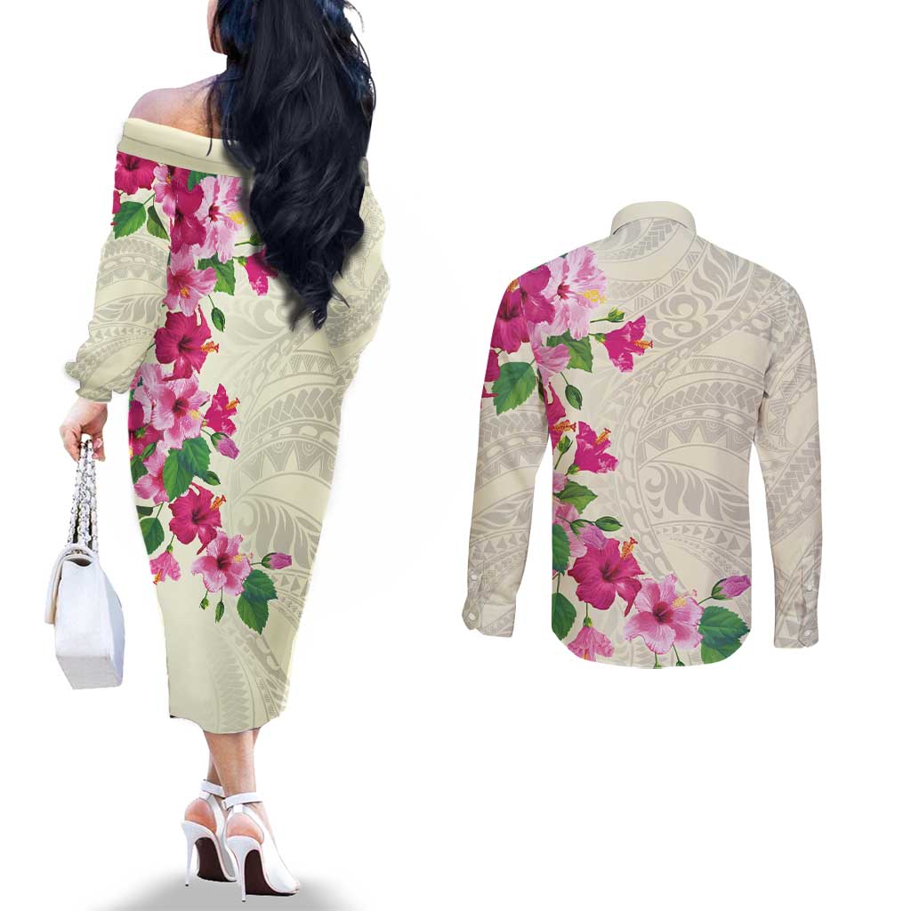 Hawaiian Hibiscus and Art Polynesian Tattoo Couples Matching Off The Shoulder Long Sleeve Dress and Long Sleeve Button Shirt Beige Color LT03 - Polynesian Pride