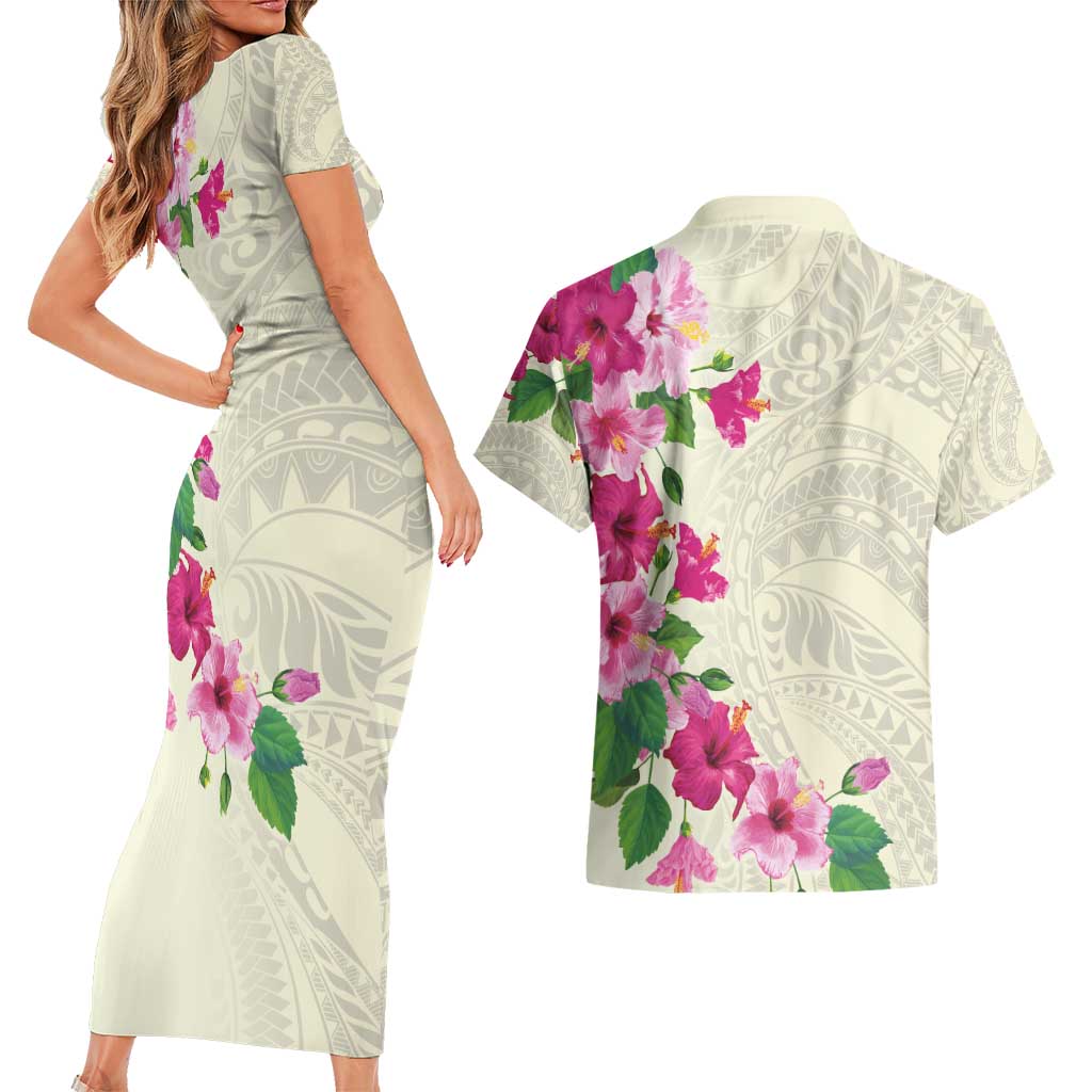 Hawaiian Hibiscus and Art Polynesian Tattoo Couples Matching Short Sleeve Bodycon Dress and Hawaiian Shirt Beige Color LT03 - Polynesian Pride