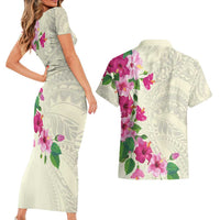 Hawaiian Hibiscus and Art Polynesian Tattoo Couples Matching Short Sleeve Bodycon Dress and Hawaiian Shirt Beige Color LT03 - Polynesian Pride