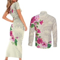 Hawaiian Hibiscus and Art Polynesian Tattoo Couples Matching Short Sleeve Bodycon Dress and Long Sleeve Button Shirt Beige Color LT03 - Polynesian Pride