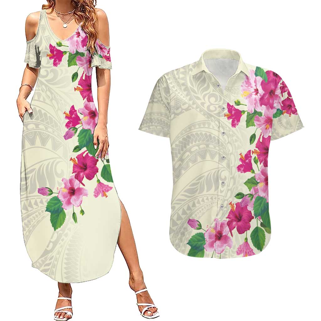 Hawaiian Hibiscus and Art Polynesian Tattoo Couples Matching Summer Maxi Dress and Hawaiian Shirt Beige Color LT03 Beige - Polynesian Pride
