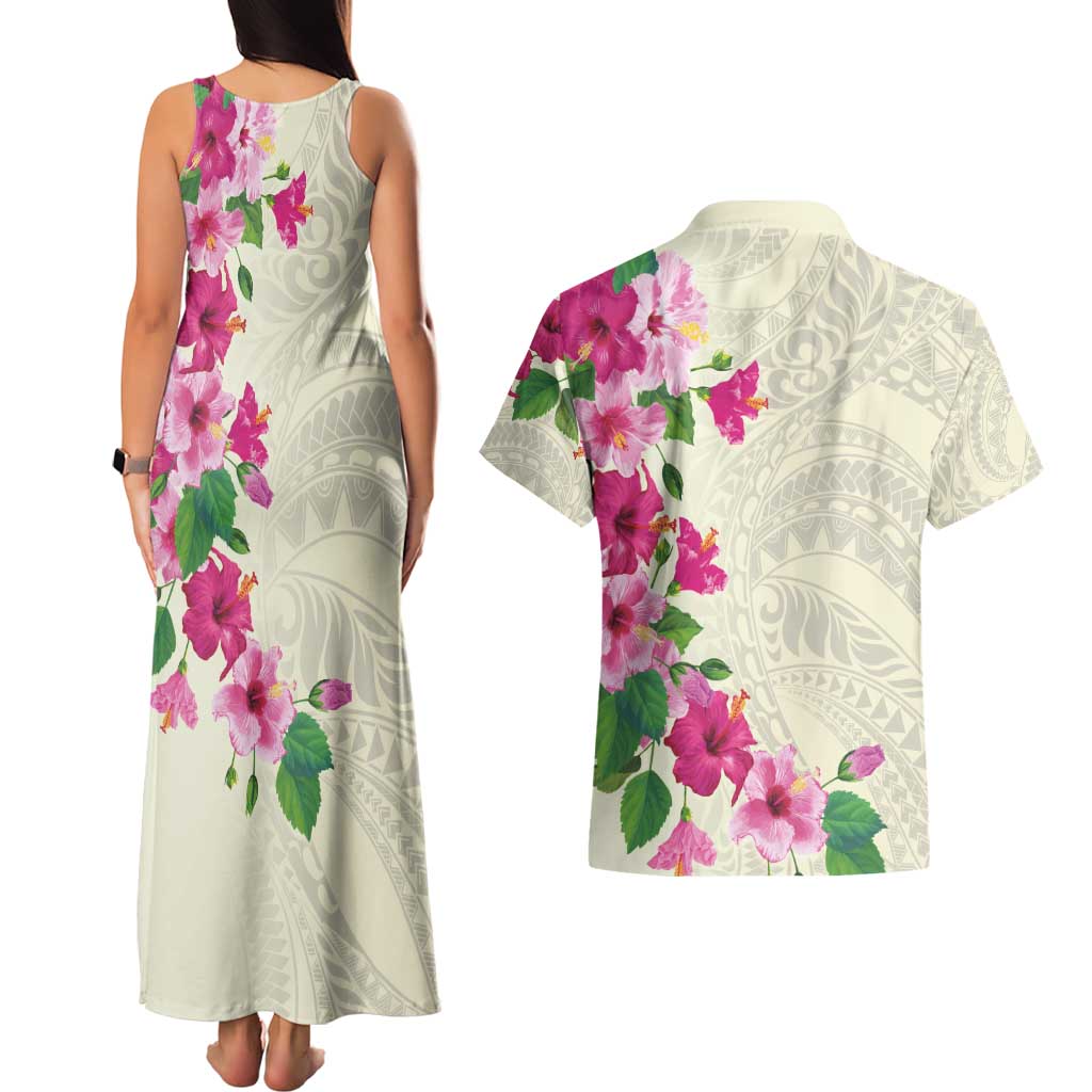Hawaiian Hibiscus and Art Polynesian Tattoo Couples Matching Tank Maxi Dress and Hawaiian Shirt Beige Color LT03 - Polynesian Pride