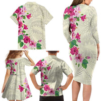 Hawaiian Hibiscus and Art Polynesian Tattoo Family Matching Long Sleeve Bodycon Dress and Hawaiian Shirt Beige Color LT03 - Polynesian Pride