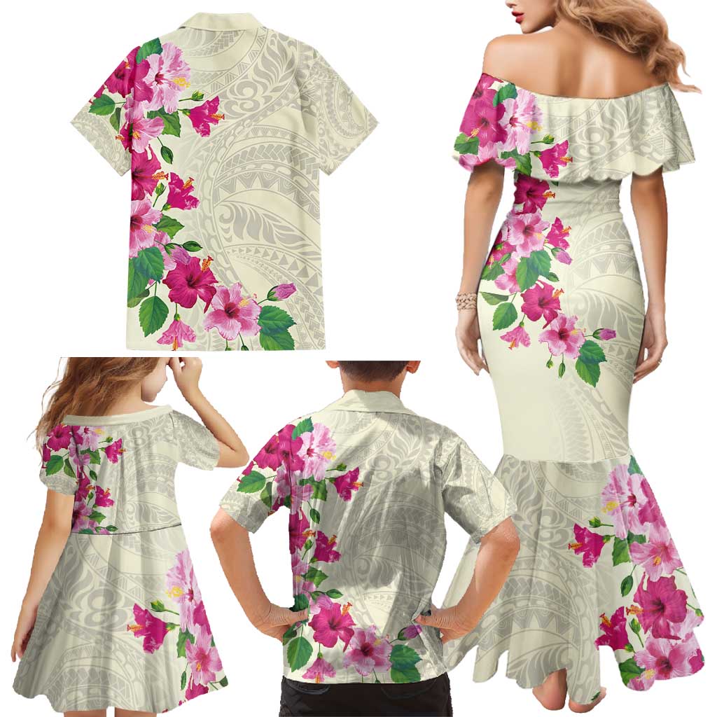 Hawaiian Hibiscus and Art Polynesian Tattoo Family Matching Mermaid Dress and Hawaiian Shirt Beige Color LT03 - Polynesian Pride