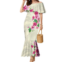 Hawaiian Hibiscus and Art Polynesian Tattoo Family Matching Mermaid Dress and Hawaiian Shirt Beige Color LT03 Mom's Dress Beige - Polynesian Pride
